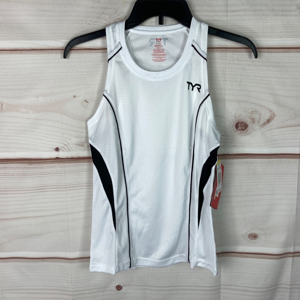 TYR Top Womens XS White Black Competitor Tank Scoop Neck Racerback Sleeveless‎